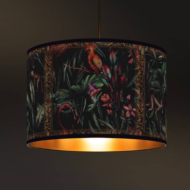 Cylindrical Lampshade With A Dense Tropical Pattern - Handcrafted Jungle & Bird Motifs, Golden Interior Lampshade, Vintage Lighting - image 1