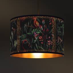 Cylindrical Lampshade With A Dense Tropical Pattern - Handcrafted Jungle & Bird Motifs, Golden Interior Lampshade, Vintage Lighting - thumbnail 1