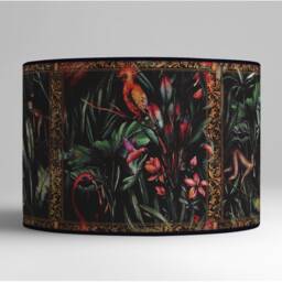 Cylindrical Lampshade With A Dense Tropical Pattern - Handcrafted Jungle & Bird Motifs, Golden Interior Lampshade, Vintage Lighting - thumbnail 2