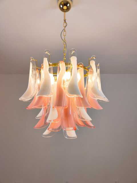 Murano Glass Chandelier in Pink & Withe Feathers Polished Brass Metal Finish - image 1