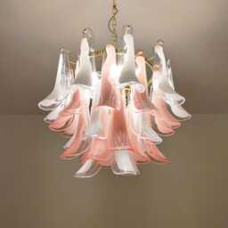 Murano Glass Chandelier in Pink & Withe Feathers Polished Brass Metal Finish - thumbnail 4