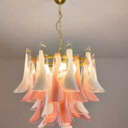 Murano Glass Chandelier in Pink & Withe Feathers Polished Brass Metal Finish - thumbnail 3