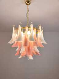 Murano Glass Chandelier in Pink & Withe Feathers Polished Brass Metal Finish - thumbnail 1