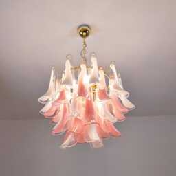 Murano Glass Chandelier in Pink & Withe Feathers Polished Brass Metal Finish - thumbnail 2