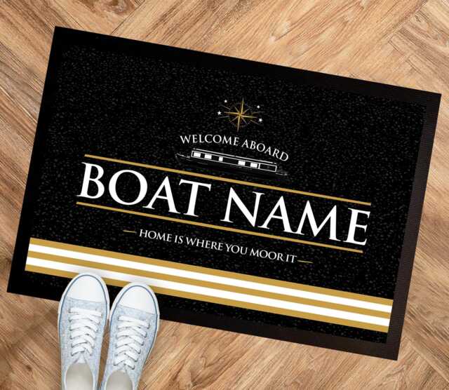 Personalised Boat Mat - Black/Gold Stripes Narrow Boat, Canal Door Mat Boating Accessories - image 1