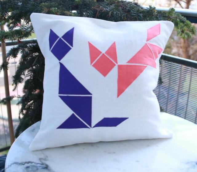 Tangram Cats Girly Decorative Cushion 40cm X - Cover + Pillowcase in Organic Cotton Microfiber