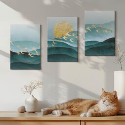 Canvas Set Of 3 Wall Art - Landscapes Sun Waves & Flying Birds, Turquoise Art, Abstract Decor - thumbnail 3