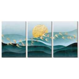 Canvas Set Of 3 Wall Art - Landscapes Sun Waves & Flying Birds, Turquoise Art, Abstract Decor - thumbnail 2