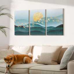 Canvas Set Of 3 Wall Art - Landscapes Sun Waves & Flying Birds, Turquoise Art, Abstract Decor - thumbnail 1
