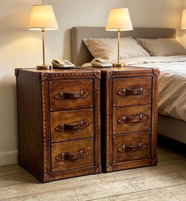 English Handmade Luxury Leather Bedside Drawers - Matching Pair Natural Hand Dyed - image 1