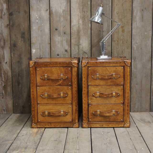 Handmade Leather Bedside Table Drawer Nightstand - English Oak Trunk Cabinet Pair - image 1