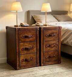 English Handmade Luxury Leather Bedside Drawers - Matching Pair Natural Hand Dyed