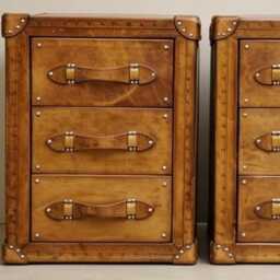 Handmade Leather Bedside Table Drawer Nightstand - English Oak Trunk Cabinet Pair - thumbnail 3