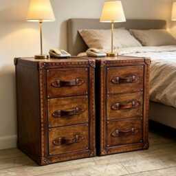 Handmade Leather Bedside Table Drawer Nightstand - English Oak Trunk Cabinet Pair - thumbnail 2