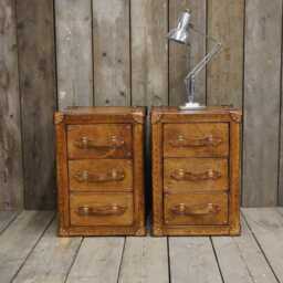 Handmade Leather Bedside Table Drawer Nightstand - English Oak Trunk Cabinet Pair