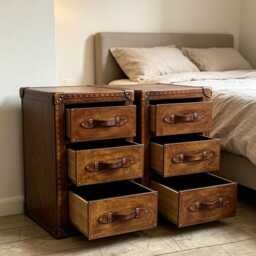 English Handmade Luxury Leather Bedside Drawers - Matching Pair Natural Hand Dyed - thumbnail 2