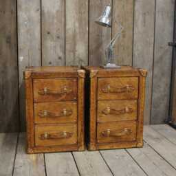 Handmade Leather Bedside Table Drawer Nightstand - English Oak Trunk Cabinet Pair - thumbnail 4