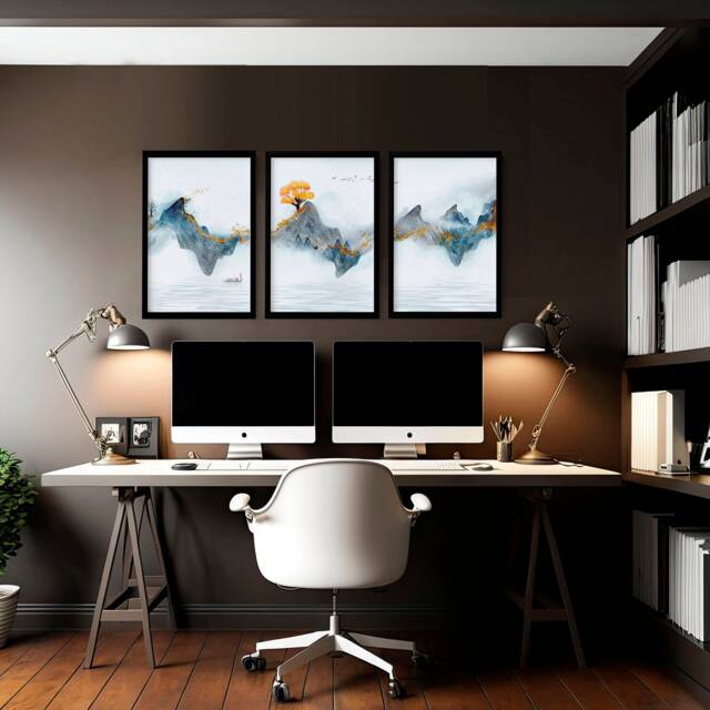 Japanese Landscape Office Desk Decor For Woman Or Men Set Of 3 Framed Wall Art Prints, Teal Japandi Large Gallery Office - image 1