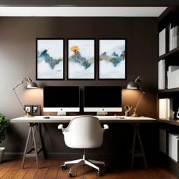 Japanese Landscape Office Desk Decor For Woman Or Men Set Of 3 Framed Wall Art Prints, Teal Japandi Large Gallery Office - thumbnail 1