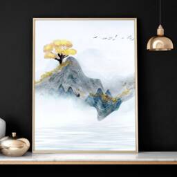 Japanese Landscape Office Desk Decor For Woman Or Men Set Of 3 Framed Wall Art Prints, Teal Japandi Large Gallery Office - thumbnail 3