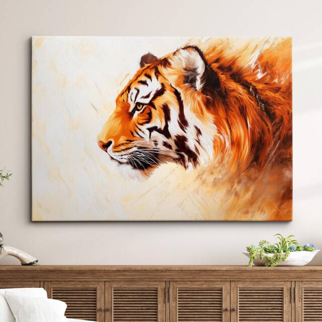 Tiger Head Animal Abstract Modern Jungle Wild Oil Painting Splatter Style Wall Art Framed Canvas Poster Print, Home/Office Room Decor Gifts - image 1