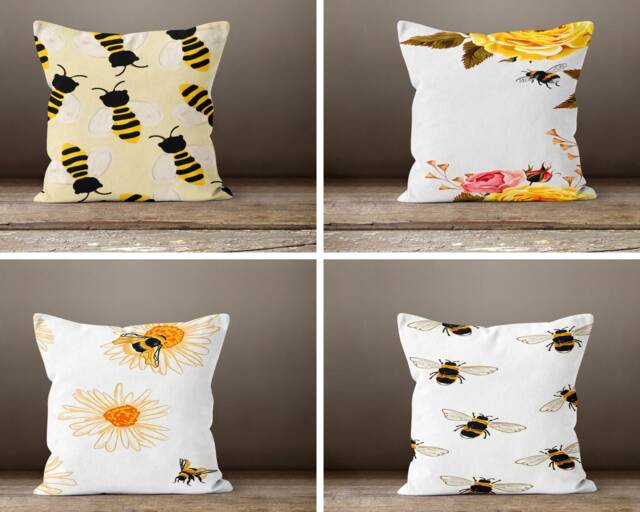 Bee Cushion Cover-Honeybee Pillow Case-Bumble Bee Case-Yellow & Black Cover-Gift For Her Cushion-Handmade Material - image 1