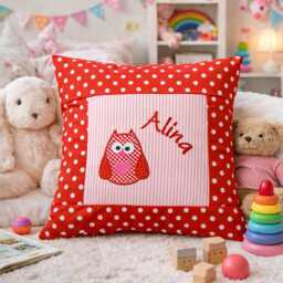 Embroidered Cushion Owl + Name //Pink - Red// 40x40 Pillowcase Gift Cuddly Cushion Snuggle Name