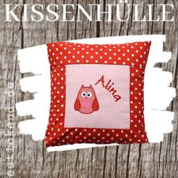 Embroidered Cushion Owl + Name //Pink - Red// 40x40 Pillowcase Gift Cuddly Cushion Snuggle Name - thumbnail 4