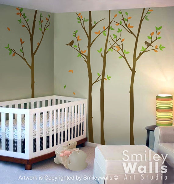 Forest Trees With Birds Wall Decal, Thin Birch Sticker, 100 Inches, Nursery Kids Decor Vinyl Decal Art - image 1