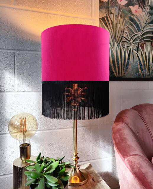 Cerise Pink Fringed Lampshade in Velvet With Black Fringe - image 1