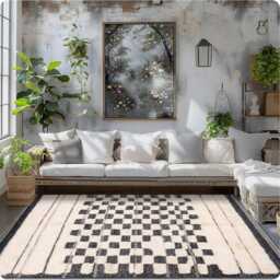 Hand Tufted White & Black Moroccan Checkered Rug, Shag Custom Made Carpet, Large Area Berber Rug - thumbnail 4