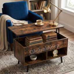 Lift Top Coffee Table With Hidden Storage, Pine Wood - Rustic Wooden Cocktail Lounge Oak Style Storage For Living Room - thumbnail 3