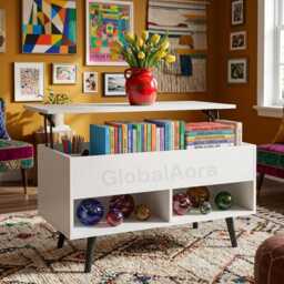 Lift Top Coffee Table With Hidden Storage, Pine Wood - Rustic Wooden Cocktail Lounge Oak Style Storage For Living Room - thumbnail 4
