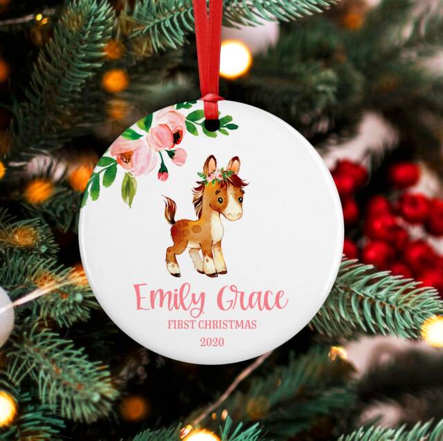 Horse Baby First Christmas Ornament, Personalized Floral Holiday Ornament - image 1