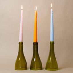 Repurposed Olive Green Wine Bottle Candle Holders, Set Of 3, Eco Decor - thumbnail 1