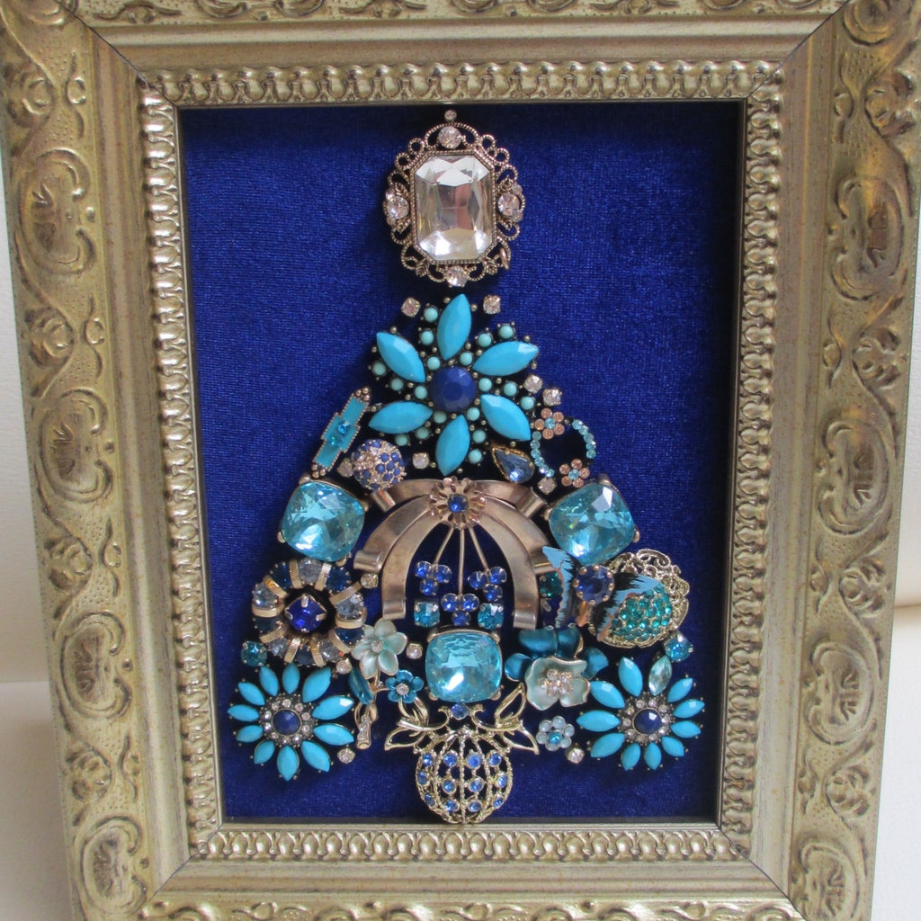 Jeweled Framed Jewelry Art Christmas Tree Gold Royal Blue Aqua