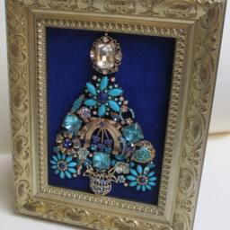 Jeweled Framed Jewelry Art Christmas Tree Gold Royal Blue Aqua Vintage Deco Gift - thumbnail 3