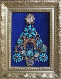Jeweled Framed Jewelry Art Christmas Tree Gold Royal Blue Aqua Vintage Deco Gift
