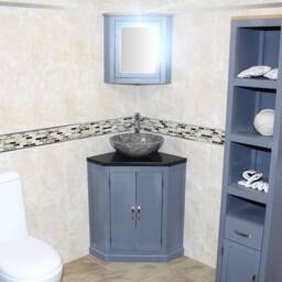 Grey Painted Bathroom Vanity Unit Free Standing Corner Cabinet Black Quartz Marble Basin 501Bgbqsbc