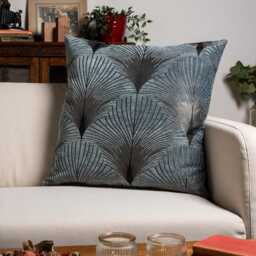 Art Deco Fan Extra-Large Cushion Cover in Steel Blue. Soft Blue Silver Vintage Design. Luxury Velvet Chenille. 23X23