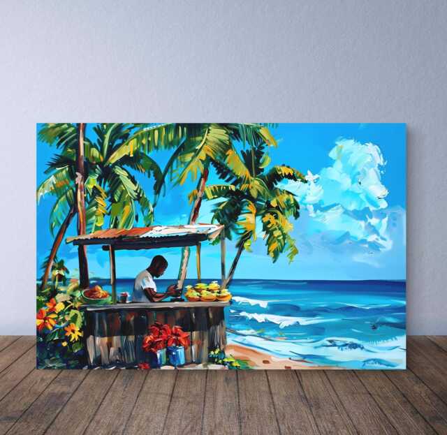 Caribbean Man Selling Fruit On Jamaican Beach - Vibrant Tropical Print Colorful Sea Wall Art - image 1