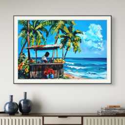 Caribbean Man Selling Fruit On Jamaican Beach - Vibrant Tropical Print Colorful Sea Wall Art - thumbnail 3