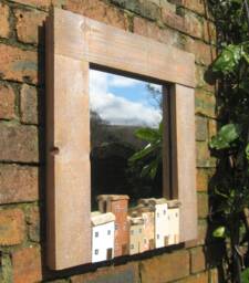 Signed Driftwood Cottage Houses Mirror, Copper Washed Frame - 22 Inch