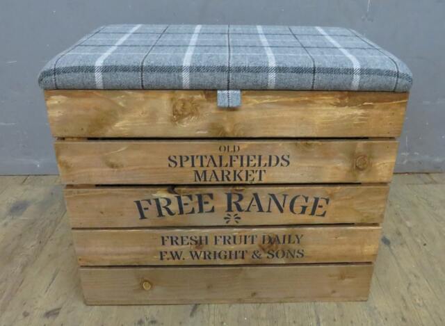 Large Rustic Wooden Storage Crate - Upholstered Check Fabric Lid Seat - image 1