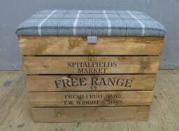 Large Rustic Wooden Storage Crate - Upholstered Check Fabric Lid Seat - thumbnail 1