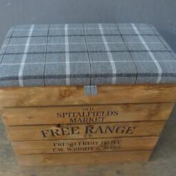 Large Rustic Wooden Storage Crate - Upholstered Check Fabric Lid Seat - thumbnail 2
