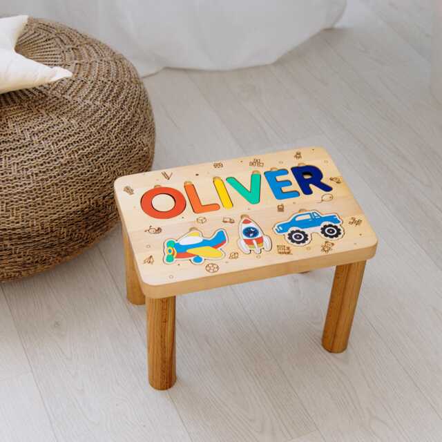 Pastel Blue Name Puzzle Step Stool Wooden Toddler Chair 1 2 3 Year Old Gift Personalized Baby First Christmas Baptism Boy Grandson - image 1