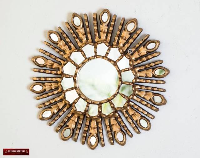 "Small Decorative Round Mirror 11.8"", Handcarved Wood Sun For Wall Decor, ""Sun Shines" - image 1