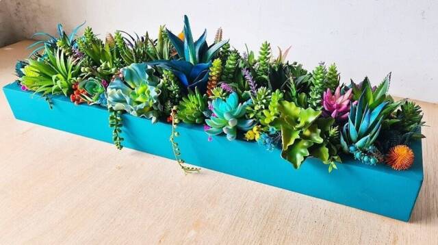 Faux Succulent Planter Artificial Foliage Wooden Centrepiece, Natural Modern Home Decor - image 1