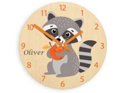 Kids Wall Clock - Raccoon With Apple Personalizen Name, Childrens Wall Clock Boys Girls - thumbnail 1
